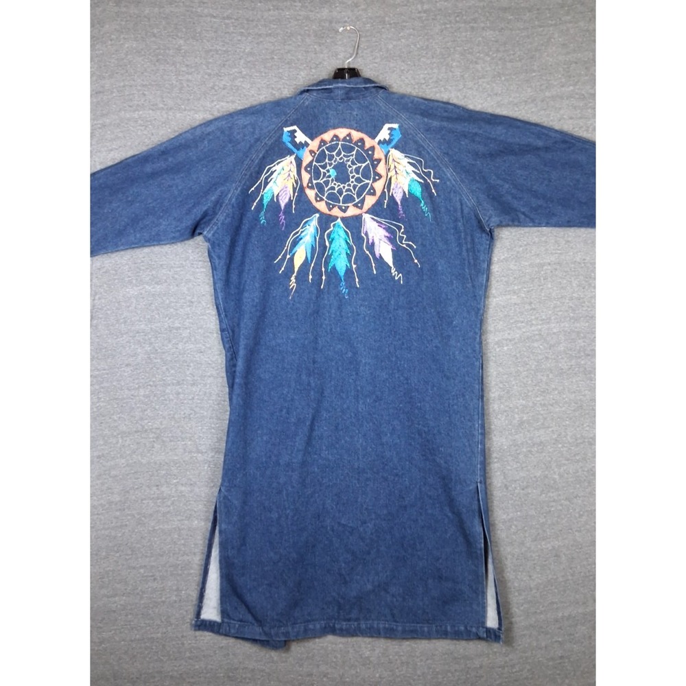 VTG Sundance Womens Coat S Denim Duster Dreamcatcher Painted Boho Native USA